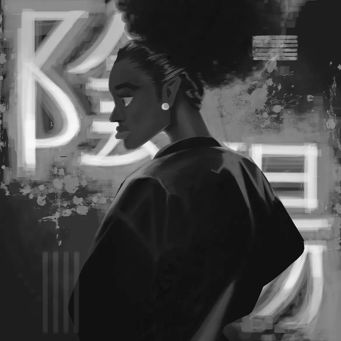 Red Queen — the illustration desaturated to greys